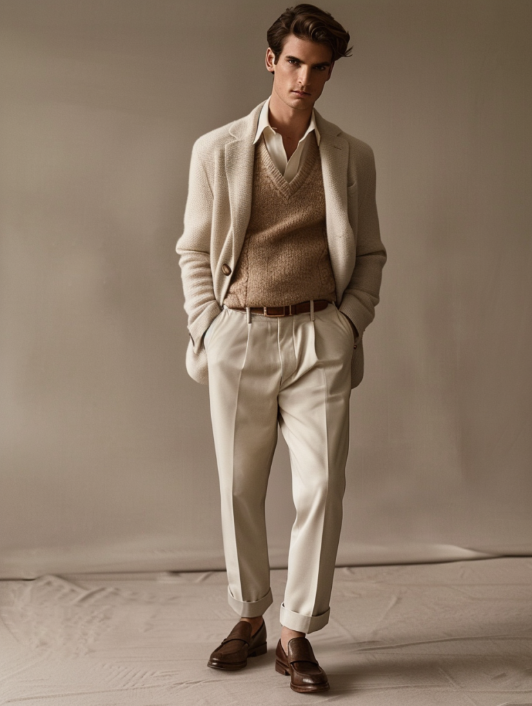 Luxury aesthetic outfit featuring neutral knitwear, tailored trousers, and refined leather accessories in quiet luxury style