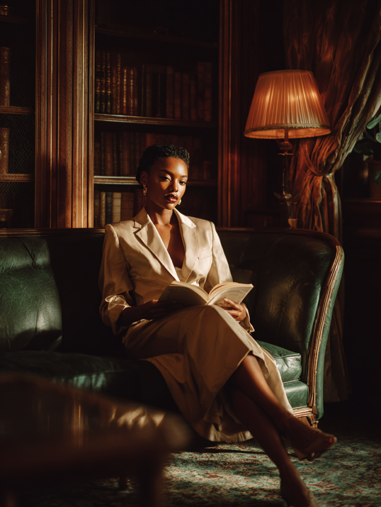 A Black woman wearing an Old Money tailored classic ensemble featuring a structured blazer, silk blouse, wool trousers, neutral tones, minimal gold jewelry, and a refined leather handbag, embodying quiet luxury and timeless elegance.