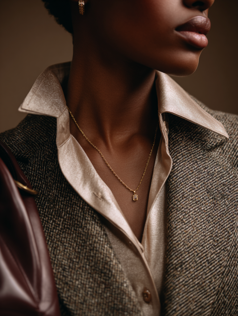 A Black woman wearing an Old Money tailored classic ensemble featuring a structured blazer, silk blouse, wool trousers, neutral tones, minimal gold jewelry, and a refined leather handbag, embodying quiet luxury and timeless elegance.