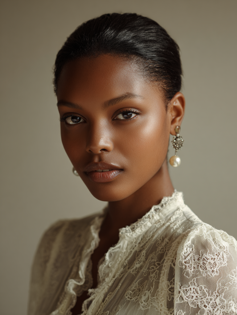 A Black woman wearing an Old Money tailored classic ensemble featuring a structured blazer, silk blouse, wool trousers, neutral tones, minimal gold jewelry, and a refined leather handbag, embodying quiet luxury and timeless elegance.