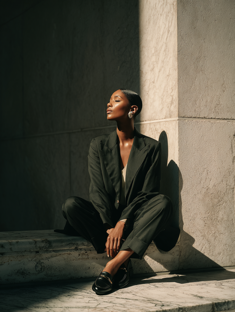A Black woman wearing an Old Money tailored classic ensemble featuring a structured blazer, silk blouse, wool trousers, neutral tones, minimal gold jewelry, and a refined leather handbag, embodying quiet luxury and timeless elegance.