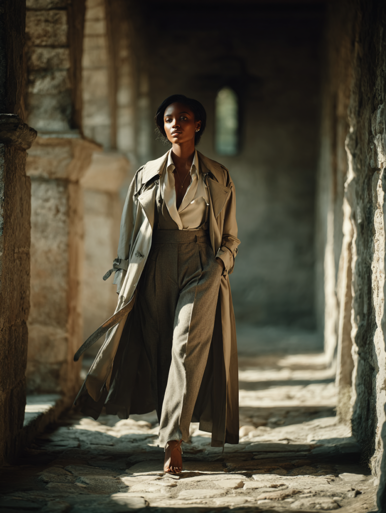 A Black woman wearing an Old Money tailored classic ensemble featuring a structured blazer, silk blouse, wool trousers, neutral tones, minimal gold jewelry, and a refined leather handbag, embodying quiet luxury and timeless elegance.