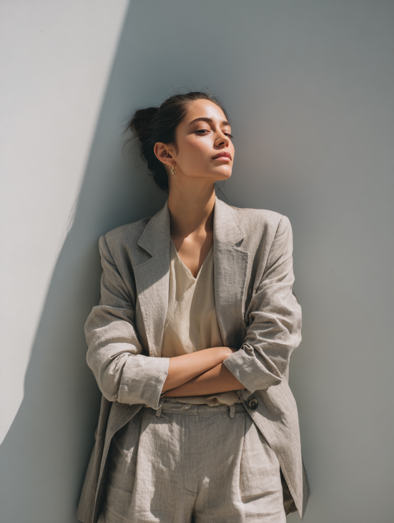 Elegant old money aesthetic fashion outfit with neutral colors, classic tailoring, and timeless luxury style