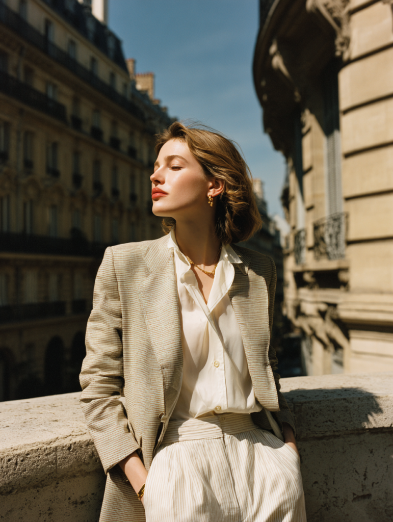 Elegant old money aesthetic fashion outfit with neutral colors, classic tailoring, and timeless luxury style