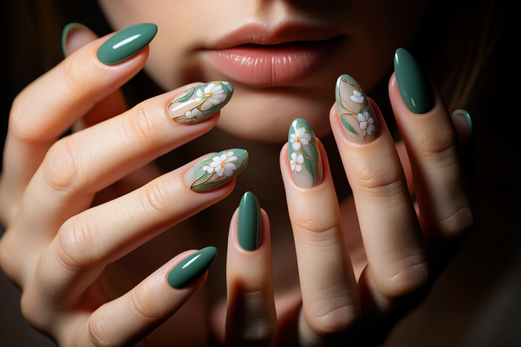 Moody close-up of deep sage green nail art with intricate white floral and gold details on long almond nails against a dark background, creating a dramatic yet elegant quiet luxury beauty look
