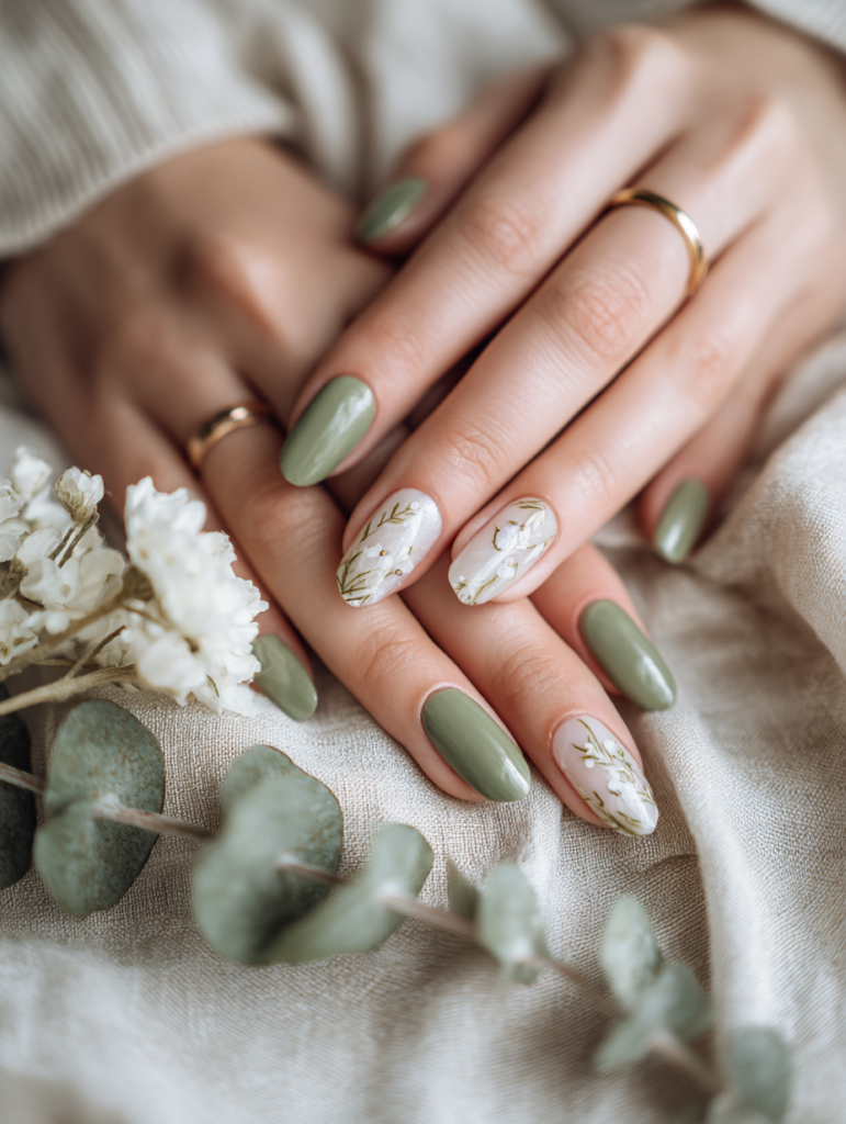 Elegant flat lay of sage green floral nail art on feminine hands resting on soft beige linen fabric, featuring white flowers, fine vines, and subtle gold accents in a minimalist quiet luxury style