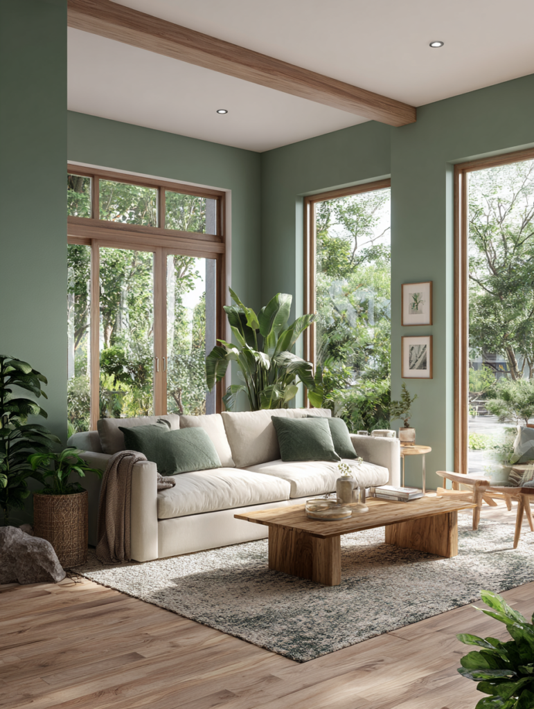 Modern living room featuring earthy modern harmony paint colors with warm khaki walls, soft olive green accents, natural textures and biophilic design elements