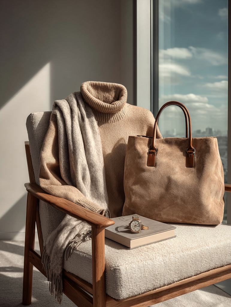 Close-up of buttery cashmere sweater, suede tote, and minimalist accessories representing Quiet Luxury 2.0 with sustainable craftsmanship in 2026