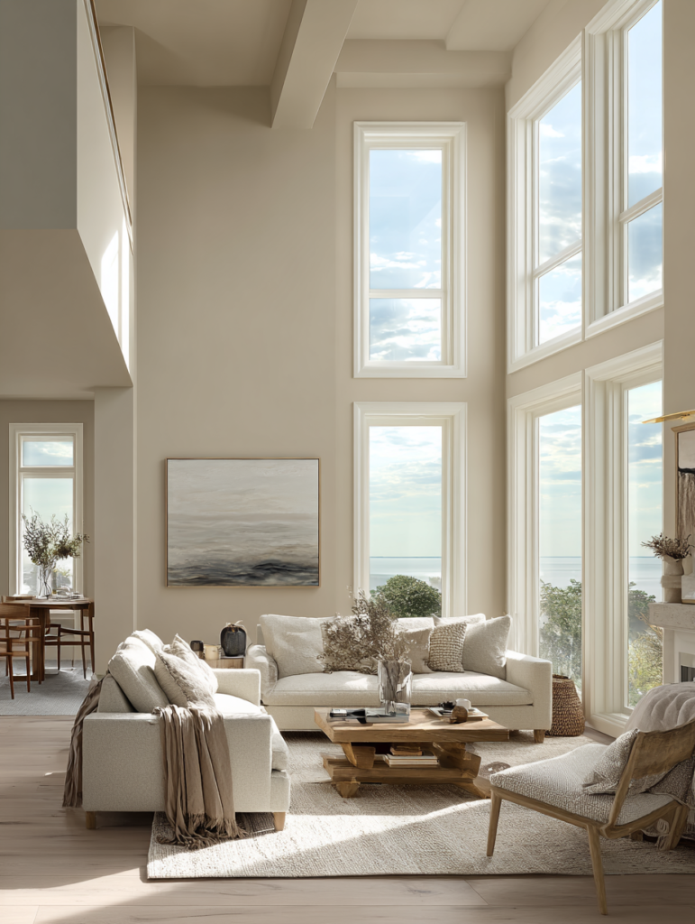 Luxurious open-concept living room painted in quiet luxury neutrals with warm greige and soft taupe walls, creamy trim, and minimalist elegant furniture