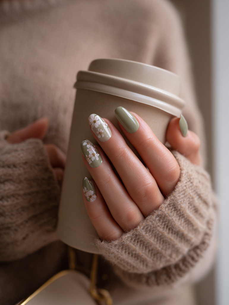 Woman’s hands with elegant sage green floral nail art styled with a camel cashmere sweater in a quiet luxury setting, showing refined coordination between manicure and neutral wardrobe