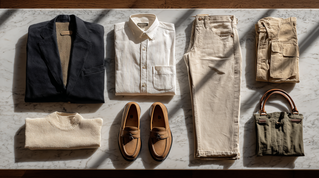 Flat lay of a classic Old Money and Quiet Luxury capsule wardrobe featuring navy blazer, cashmere cardigan, tailored trousers, trench coat and loafers in neutral tones