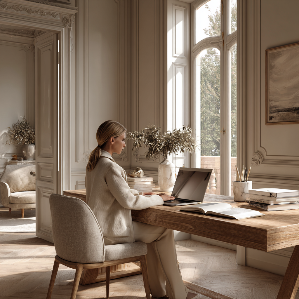 Sophisticated quiet luxury home office during daytime with a woman writing in journal, elegant quote 'True luxury is a calm mind', natural light, and refined neutral interior