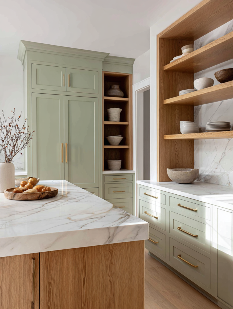 Sophisticated kitchen and pantry with Shoji White perimeter cabinets, Medium Stain Oak island, Vineland green-gray pantry walls, marble countertops, and warm oak details in a quiet luxury style