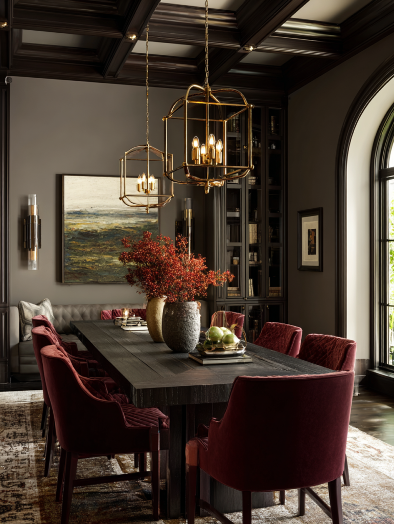 Sophisticated dining room with moody timeless contrast palette featuring deep charcoal and plum accent walls, warm neutrals and rich luxurious textures