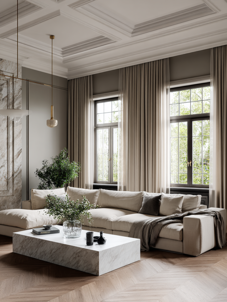 Elegant living room painted in warm greige Pashmina AF-100 with Shoji White trim, medium stain oak flooring, linen sofa, and natural light, showcasing a cohesive sophisticated neutral color palette