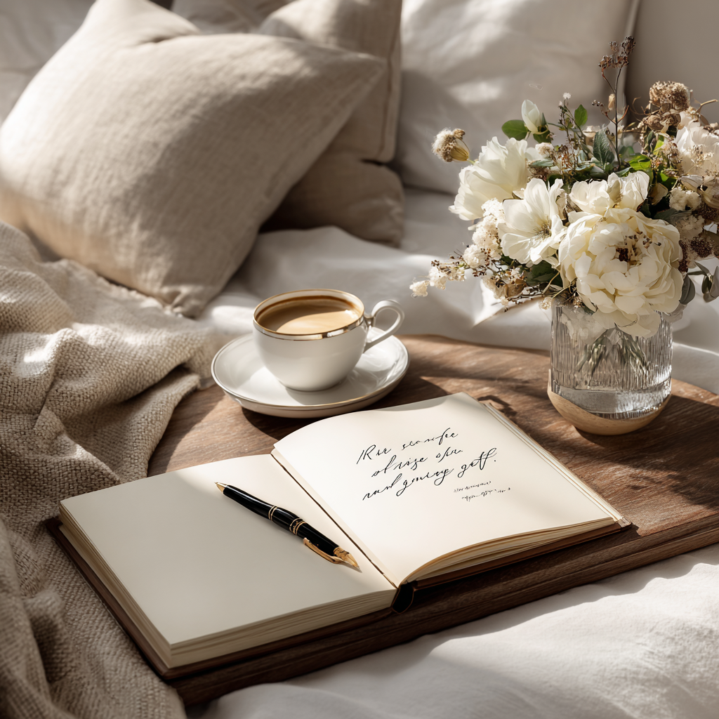 Serene morning scene in a quiet luxury bedroom with soft sunlight, leather journal with elegant motivational quote, coffee, and fresh flowers, creating a calm and intentional start to the day