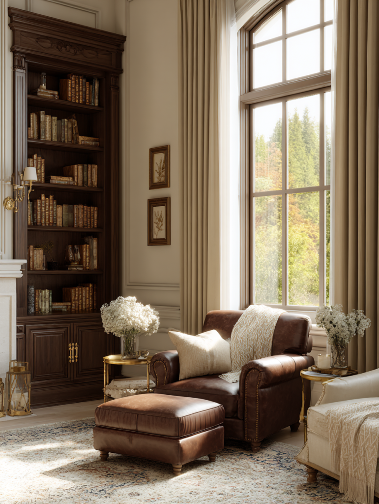 Elegant living room with Old Money heritage color scheme showing warm creamy beige walls, subtle olive accents, rich wood tones and classic furnishings