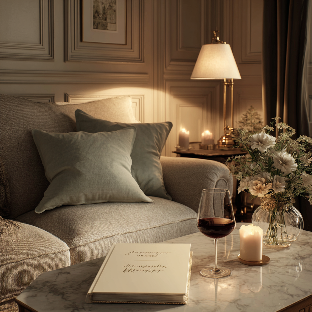 Peaceful evening reflection in a quiet luxury living room with warm lighting, open journal showing elegant motivational quote, cashmere pillows, and candlelight for gentle self-reflection