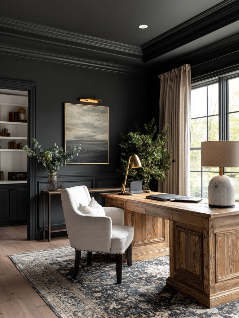 Sophisticated home office or powder room with deep Iron Ore SW 7069 charcoal walls, Shoji White trim, oak accents, and elegant lighting, creating a refined and moody quiet luxury atmosphere