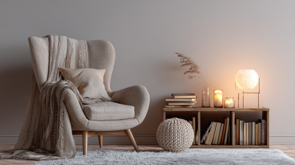 Minimalist luxury meditation corner with comfortable chair, warm lighting, and calming decor.