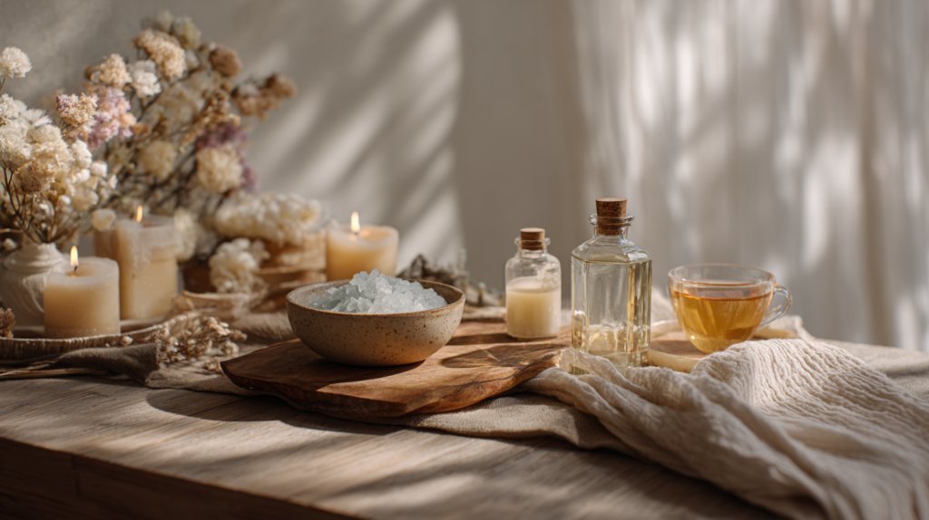 Elegant self care ritual setup with candles, skincare products, and relaxing home decor.