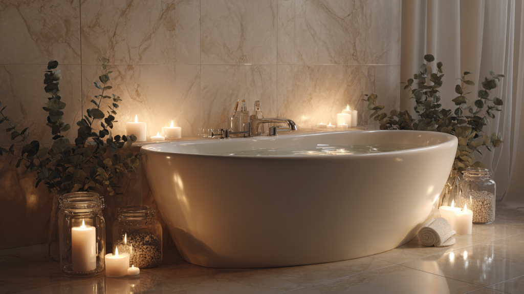 Luxury spa inspired bathroom with candles, bath salts, and minimalist wellness decor.