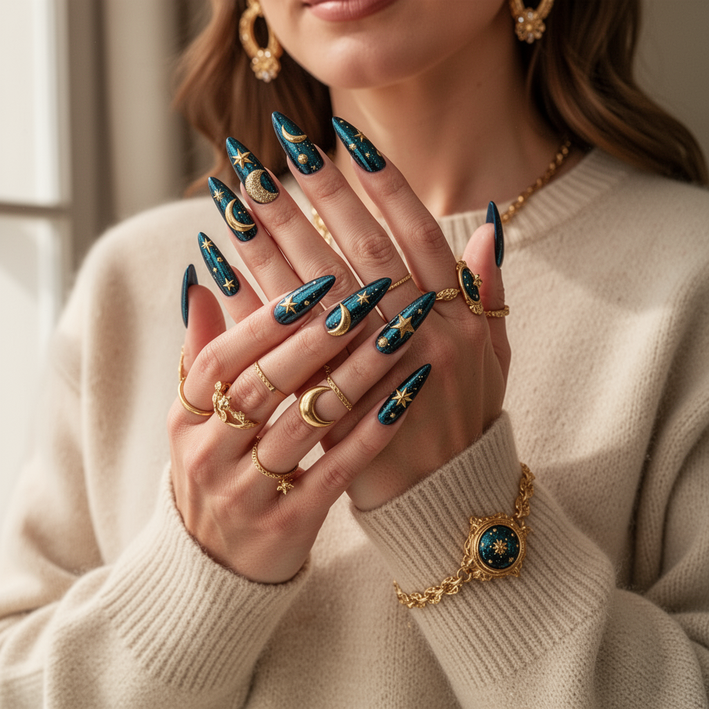 Elegant flat lay of celestial blue and gold nail art on hands resting on white fabric, showcasing teal chrome glitter nails, delicate gold crescent moons, stars, and fine metallic details in soft natural light