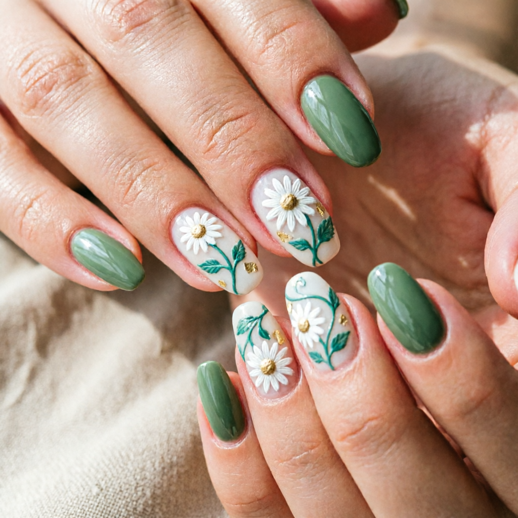 Close-up of sophisticated sage green nail art on long almond nails featuring rich sage green polish and delicate hand-painted white floral daisy designs with fine greenery on translucent bases, quiet luxury beauty style