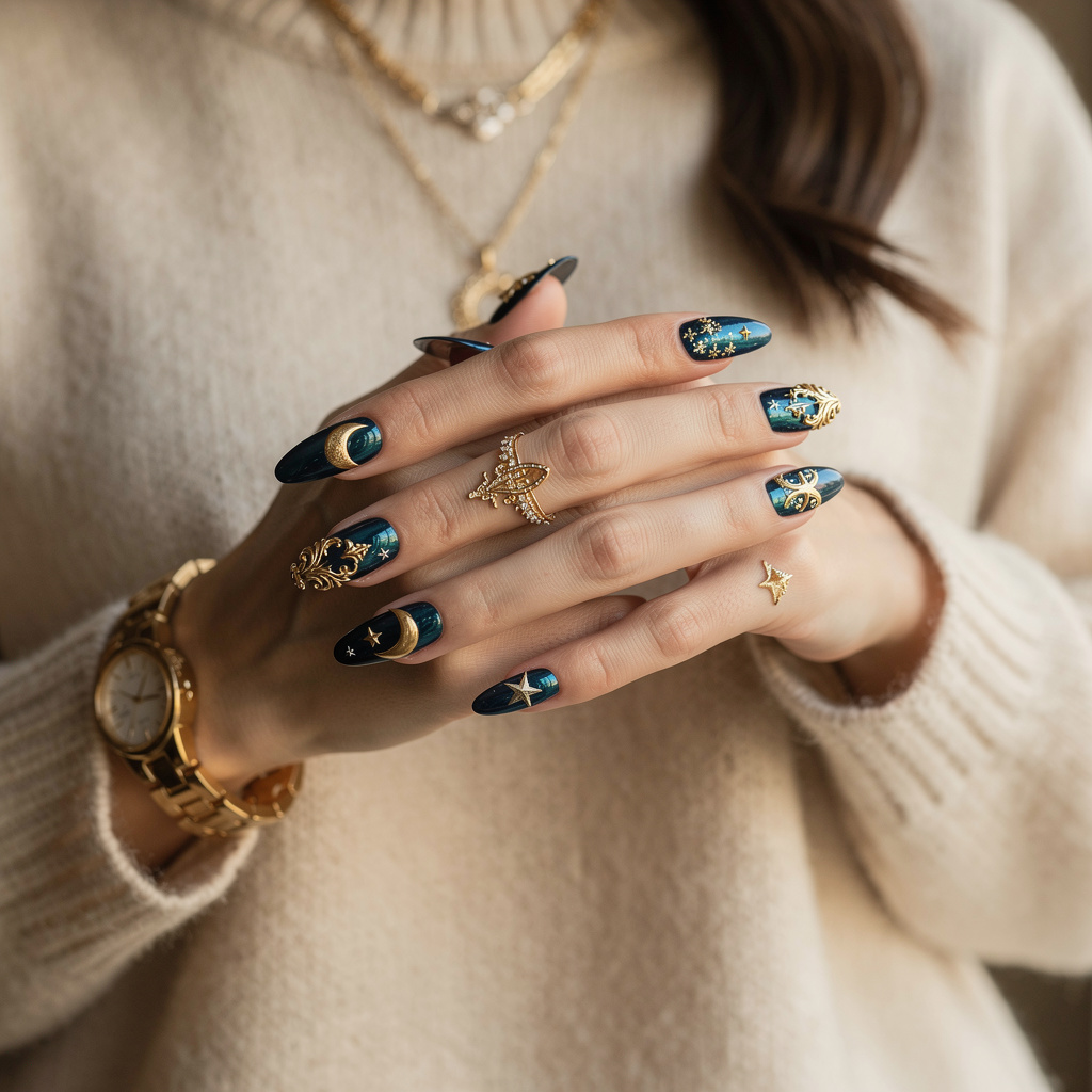 Dramatic close-up of deep teal-blue chrome and gold celestial nail art with crescent moons and stars on long nails against a dark background, creating a luxurious and mystical atmosphere
