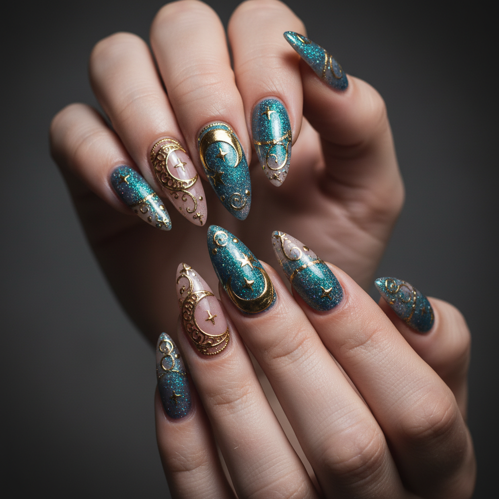 Woman’s hands with celestial blue and gold nail art styled with cream cashmere sweater and gold jewelry, showing refined coordination between mystical manicure and quiet luxury wardrobe