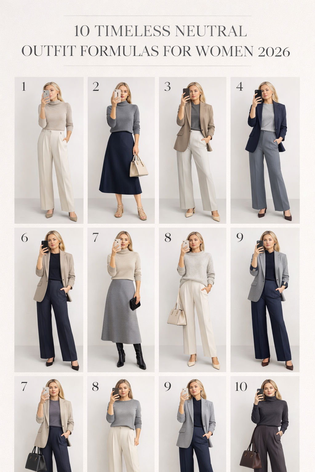 Faceless fashion grid showing 10 elegant neutral outfit formulas for 2026, featuring beige cashmere turtlenecks, navy knits, wide-leg trousers, A-line midi skirts, blazers, and structured handbags in a clean studio setting with soft lighting