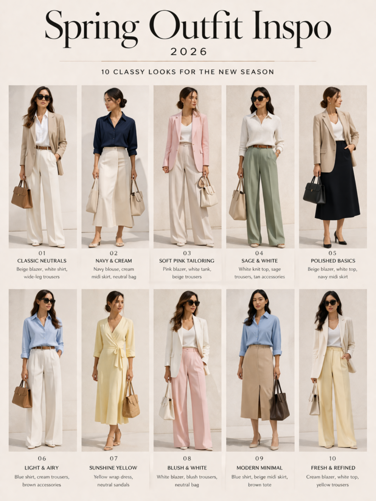 Clean 2x5 fashion grid showcasing 10 elegant spring outfit inspirations for 2026, featuring beige blazers, white shirts, navy blouses, pink blazers, yellow wrap dresses, wide-leg trousers, midi skirts, and structured handbags in a minimalist studio setting