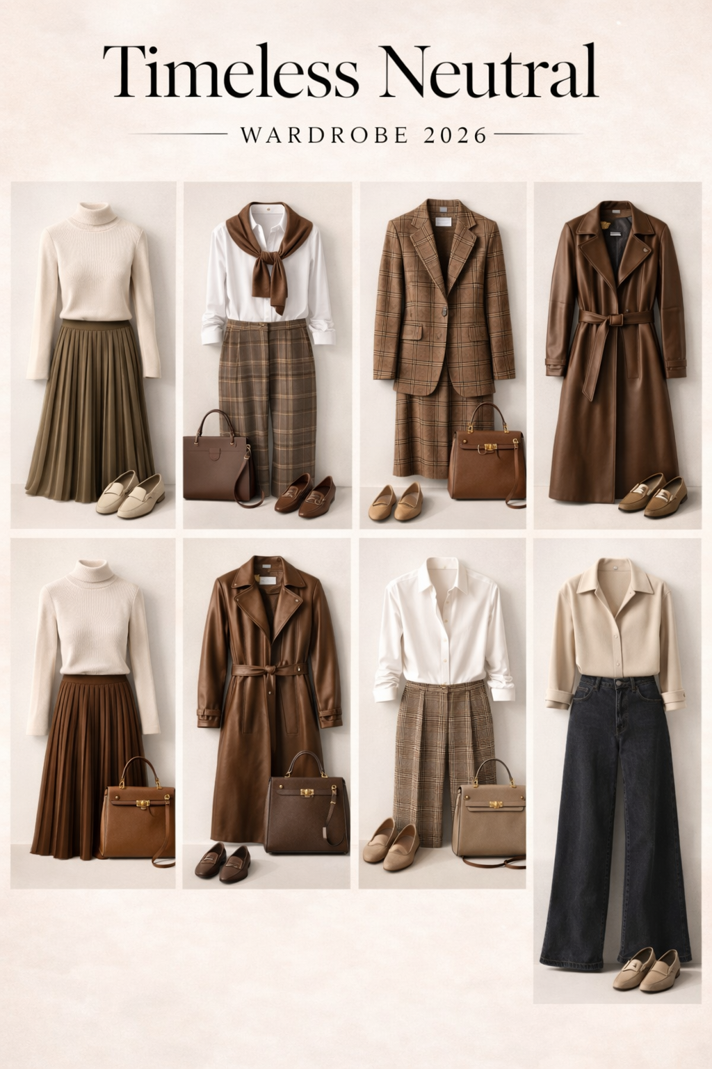 Complete timeless neutral wardrobe mood board 2026 featuring earthy tones including cream ribbed turtlenecks, olive pleated skirts, plaid blazers, brown leather trench coats, houndstooth suits, beige chunky knits, wide-leg jeans, and structured leather bags arranged in a clean editorial grid
