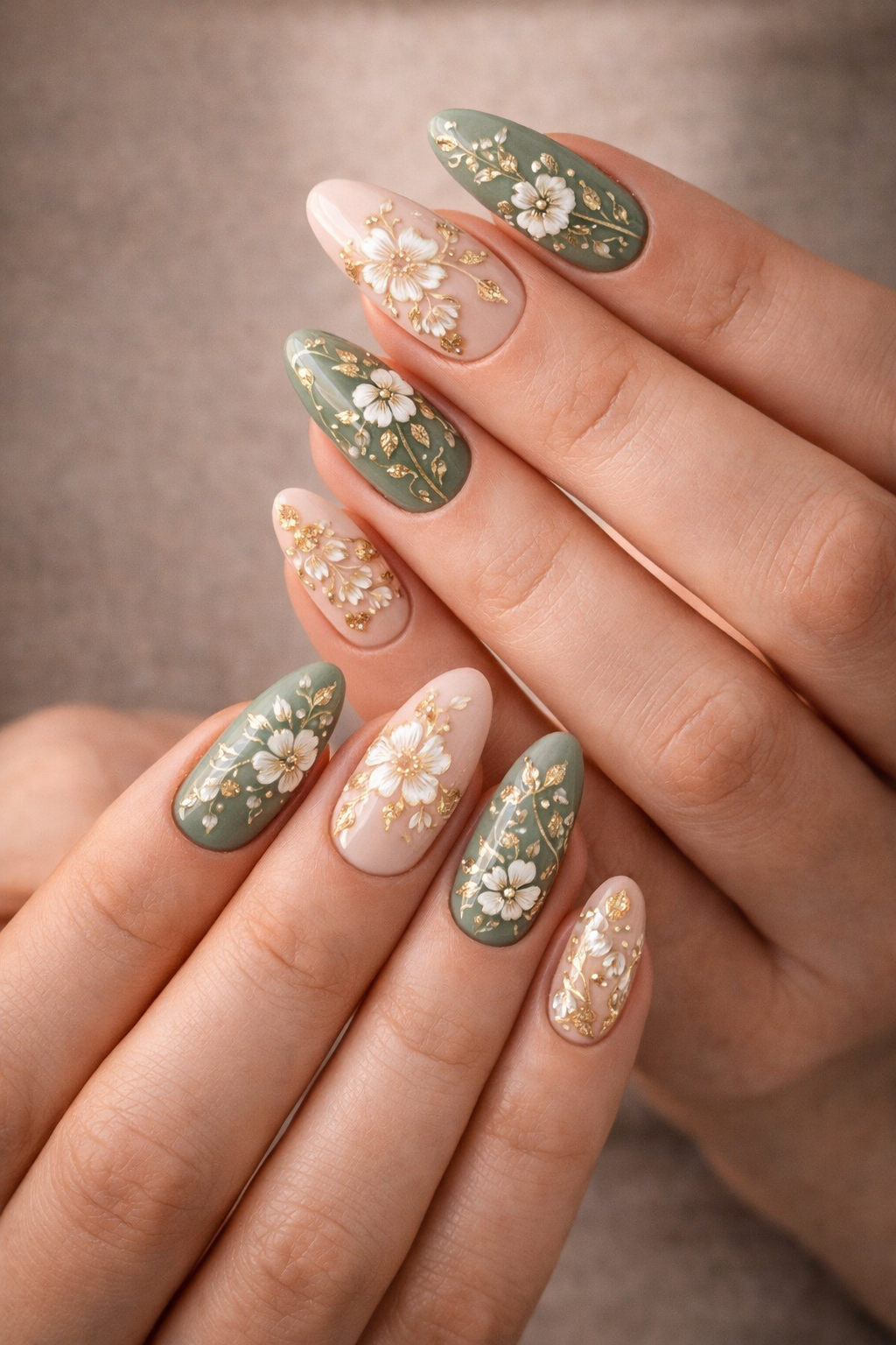 Close-up of hands with long almond-shaped nails featuring delicate sage green & gold floral nail art 2026, soft sage green and nude bases with intricate white and gold flowers, fine gold vines, gold leaf accents, and sparkling botanical details