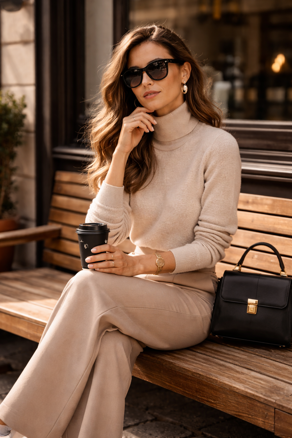 Woman in elegant neutral coffee date outfit 2026 sitting on a wooden bench, wearing a soft beige turtleneck sweater, matching high-waisted beige wide-leg trousers, holding a black coffee cup, with pearl drop earrings, black sunglasses, and a structured black handbag beside her