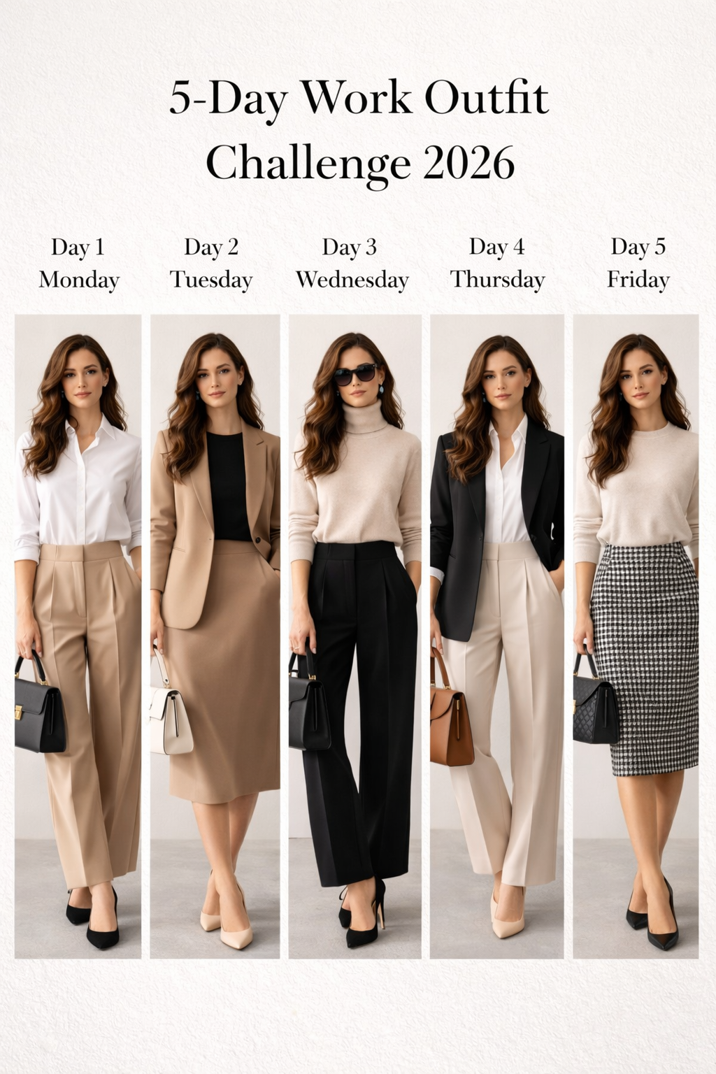 Complete 5-day work outfit challenge 2026 mood board showing five professional neutral looks from Monday to Friday in a clean grid, featuring white shirts with beige trousers, black tops with tan blazers, beige turtlenecks with black trousers, black blazers with beige trousers, and cream knit sweaters with houndstooth skirts, all styled with handbags and accessories