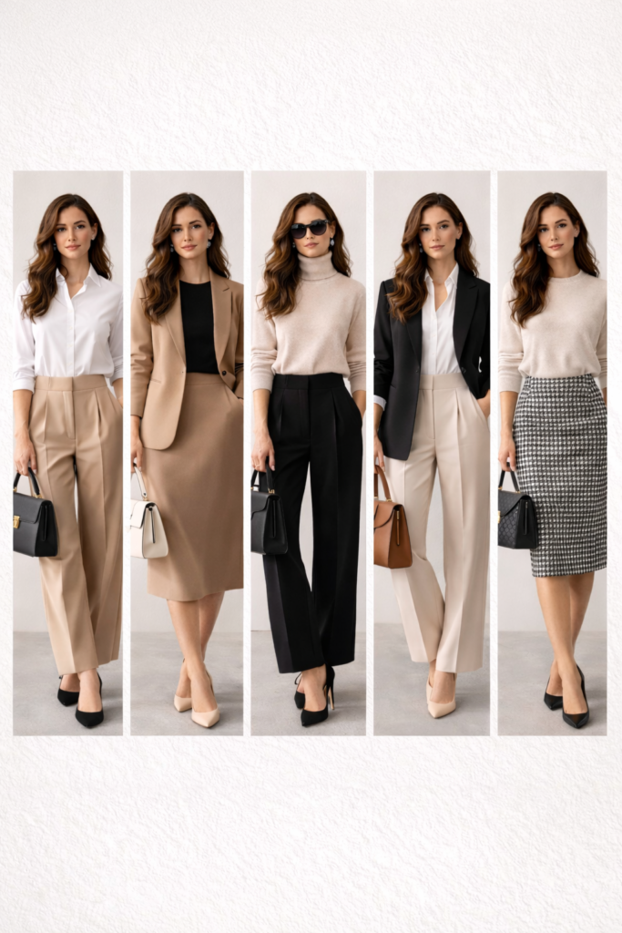 Fashion grid displaying five days of neutral work outfits 2026: white shirt with beige trousers, black top with tan blazer and beige skirt, beige turtleneck with black trousers, black blazer with white shirt and beige trousers, and cream sweater with houndstooth skirt