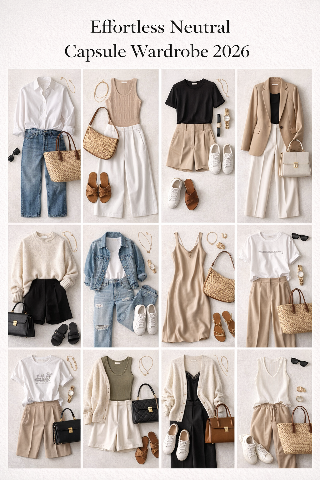 Complete effortless neutral capsule wardrobe mood board 2026 featuring 12 polished everyday outfits in soft neutrals, including white button-downs with blue jeans, beige ribbed tanks with wide-leg trousers, black tees with beige shorts, chunky knits, satin slip dresses, and woven bags arranged in a clean flat lay on white background