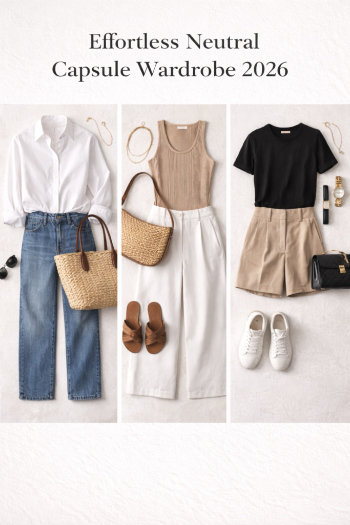 Upper row of effortless neutral capsule wardrobe 2026 showing white button-down with blue jeans and woven tote, beige ribbed tank with white wide-leg trousers and brown sandals, and black short-sleeve tee with beige paperbag shorts and white sneakers