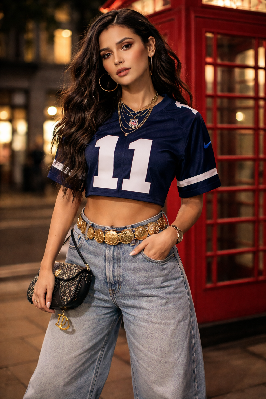 Urban Sporty Chic Outfit 2026: Cropped NFL Jersey, Baggy Jeans & Gold Coin Belt – The Viral Quiet Luxury Street Style Everyone Is Wearing