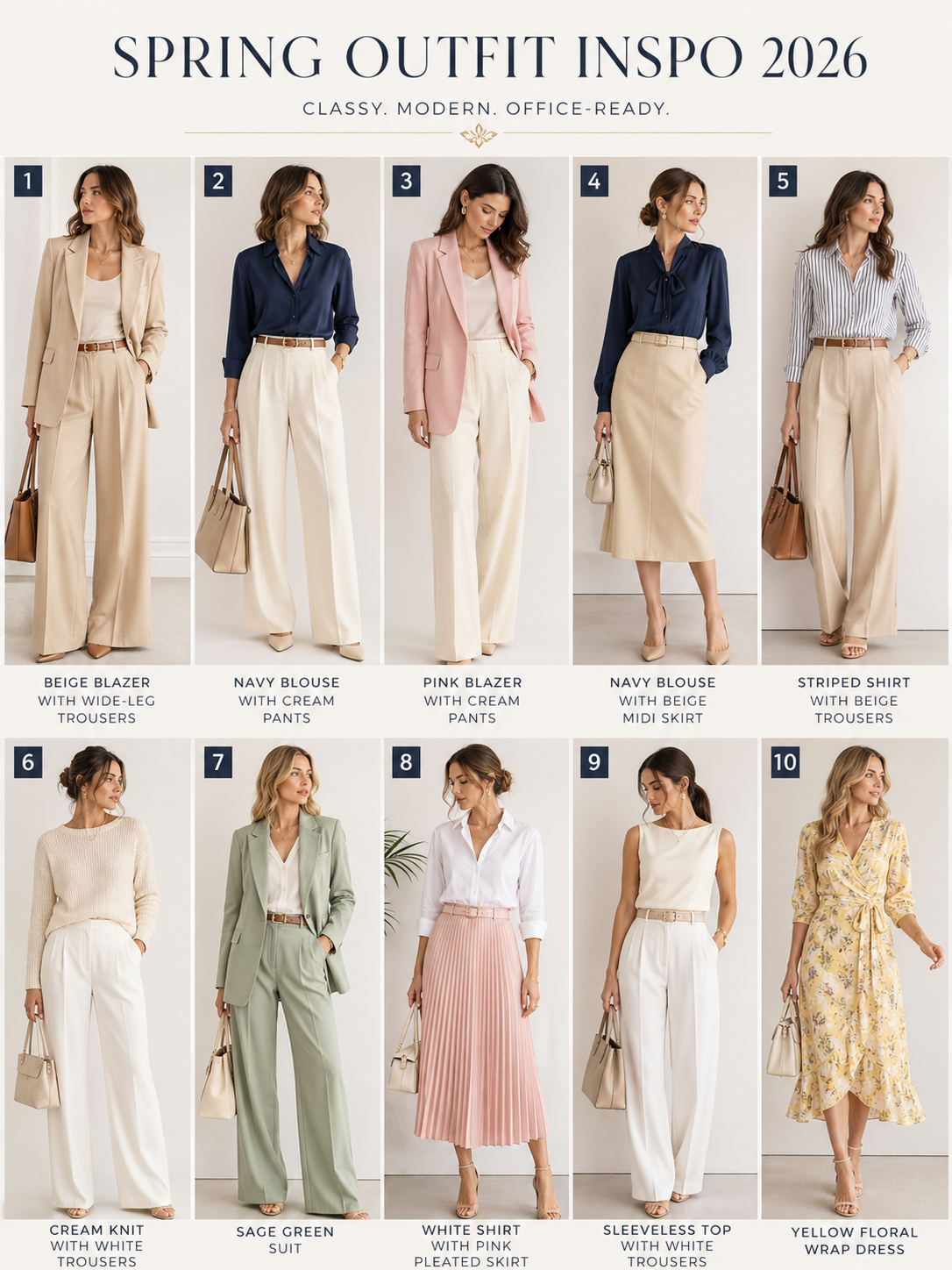 Spring Outfit Inspo 2026 mood board featuring 10 classy and office-ready looks in a clean grid, including beige blazer with wide-leg trousers, navy blouse with cream pants, pink blazer with cream pants, navy blouse with beige midi skirt, striped shirt with beige trousers, cream knit with white trousers, sage green suit, white shirt with pink pleated skirt, sleeveless top with white trousers, and yellow floral wrap dress