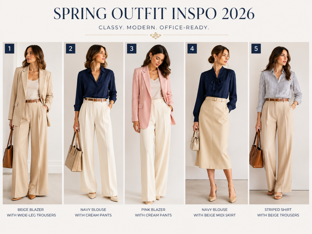 Upper row of Spring Outfit Inspo 2026 showing five classy office looks: beige blazer with wide-leg trousers, navy blouse with cream pants, pink blazer with cream pants, navy blouse with beige midi skirt, and striped shirt with beige trousers