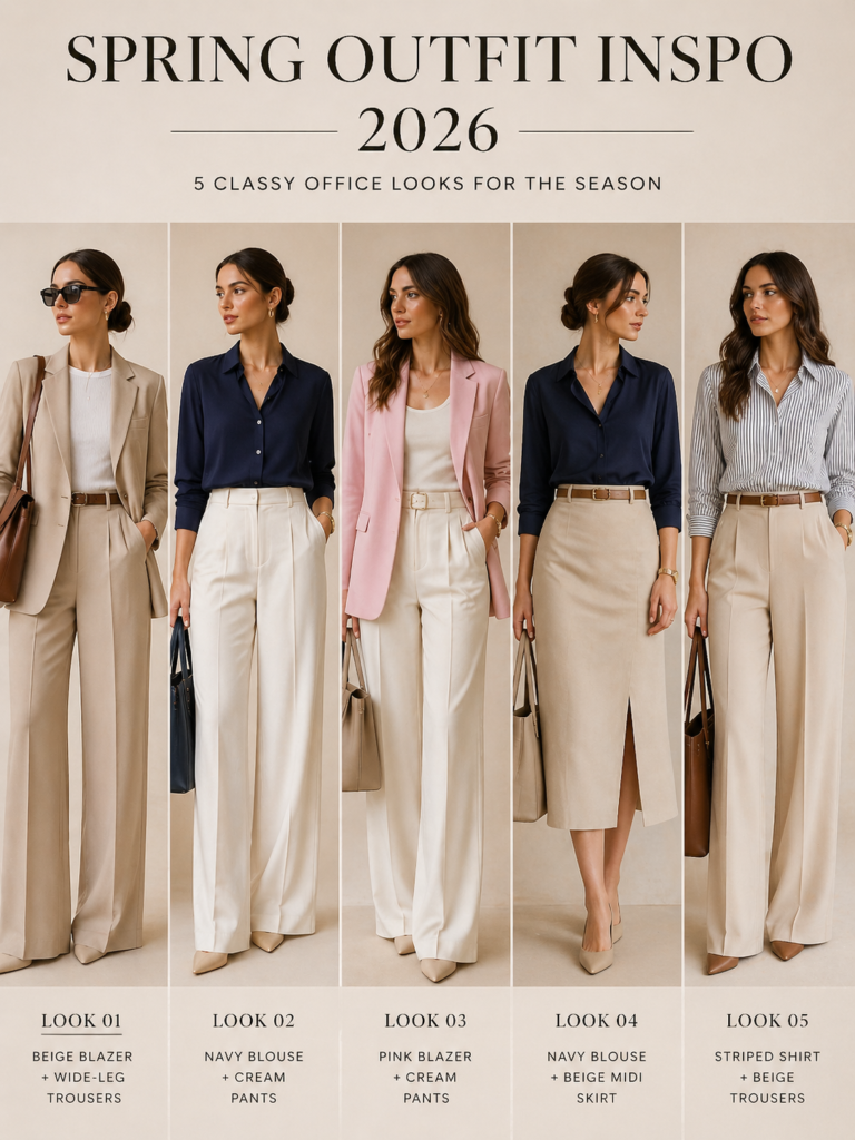 Lower row of Spring Outfit Inspo 2026 featuring five elegant looks: cream knit with white trousers, sage green suit, white shirt with pink pleated skirt, sleeveless top with white trousers, and yellow floral wrap dress