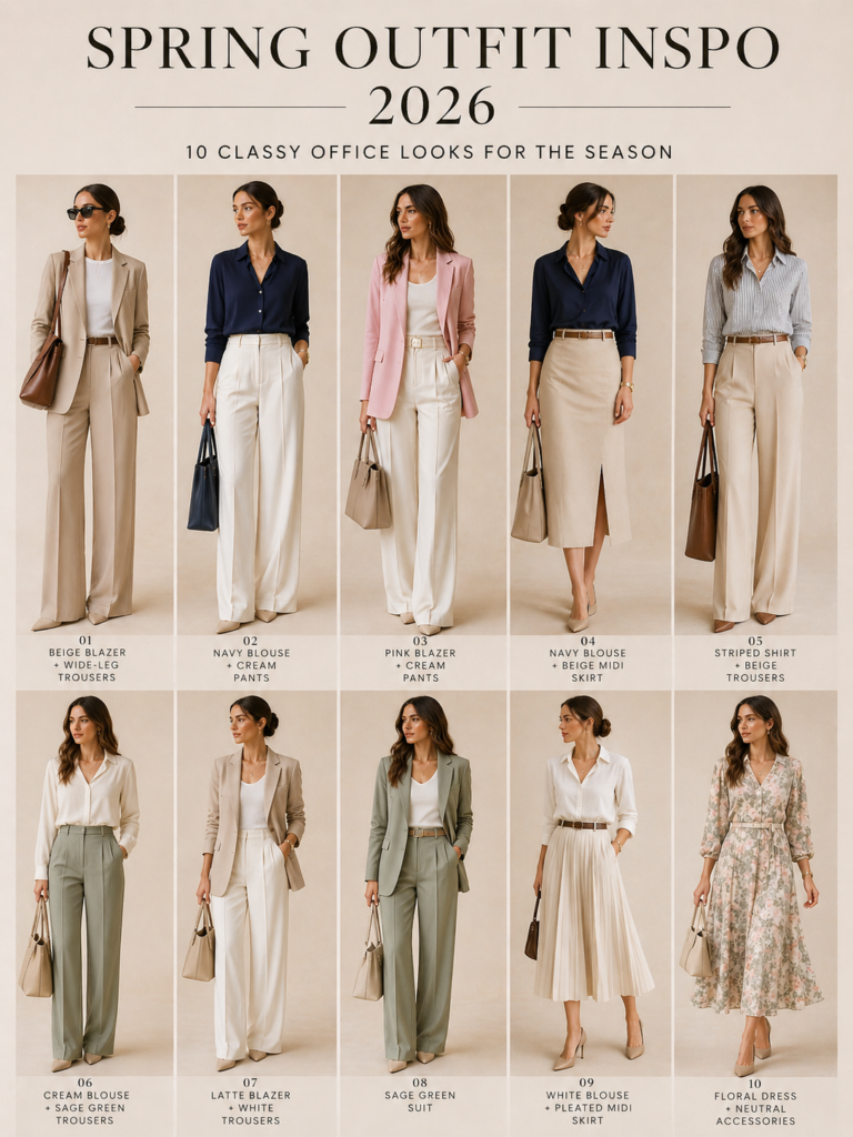 Full overview of Spring Outfit Inspo 2026 showing 10 classy and office-ready looks in a clean grid, featuring women in neutral and soft pastel professional outfits including beige blazers, navy blouses, pink blazers, striped shirts, sage green suits, and floral dresses