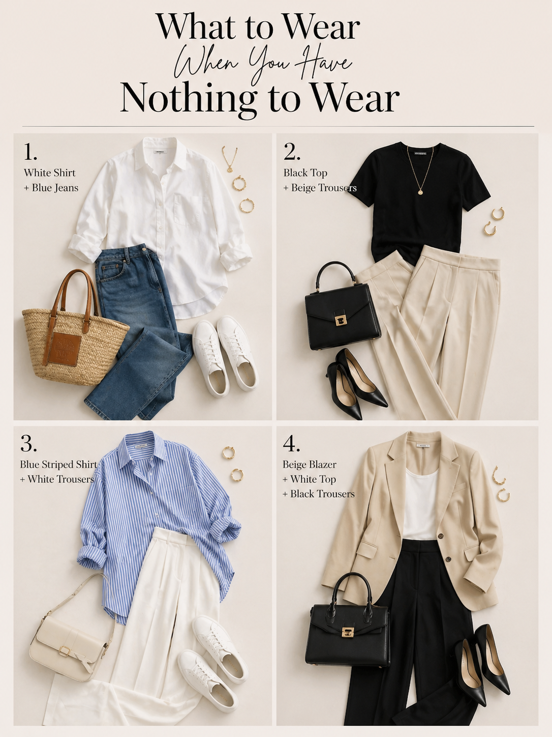 "What to Wear When You Have Nothing to Wear" mood board featuring 4 simple and chic neutral outfit ideas in a clean grid: white shirt with blue jeans, black top with beige trousers, oversized striped shirt with white trousers, and beige blazer with black trousers, arranged with accessories on light background