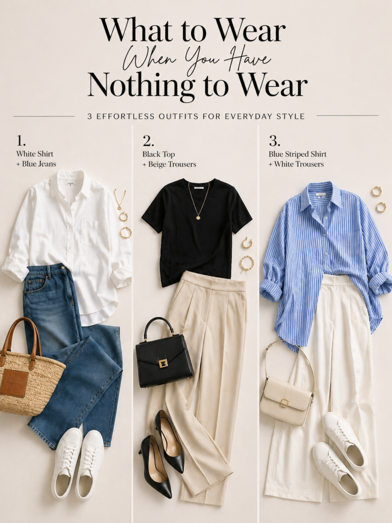 Upper row of "What to Wear When You Have Nothing to Wear" mood board showing three easy outfits: white button-down shirt with blue jeans, black short-sleeve top with beige trousers, and oversized striped shirt with white trousers