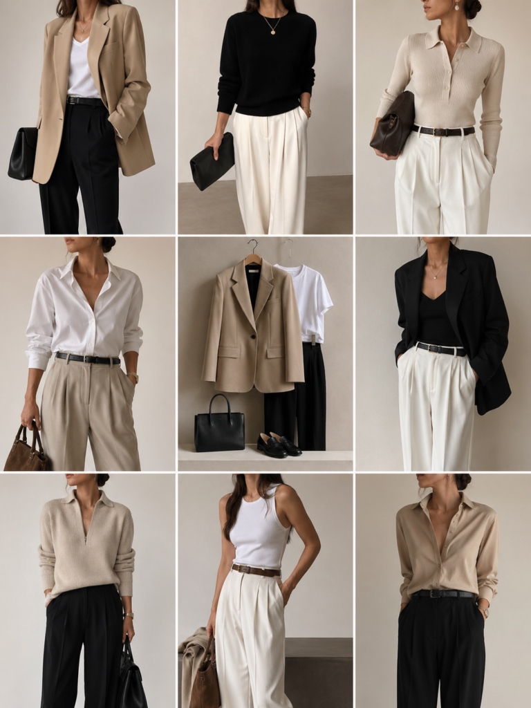 Beige blazer outfit from the "What to Wear When You Have Nothing to Wear" mood board, showing a tailored beige blazer worn with white top and black trousers, styled with a structured black handbag