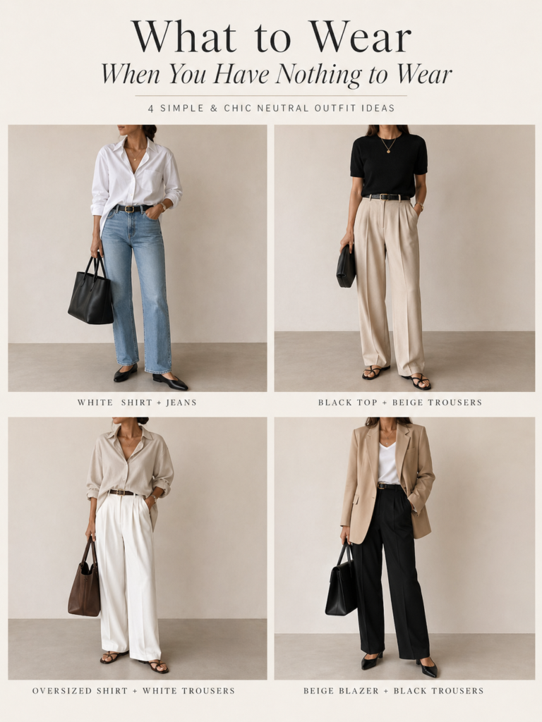 Complete mood board showing 4 simple and chic neutral outfit ideas for when you have nothing to wear, including white shirts with jeans, black tops with beige trousers, oversized shirts, and beige blazers with black trousers, arranged with accessories