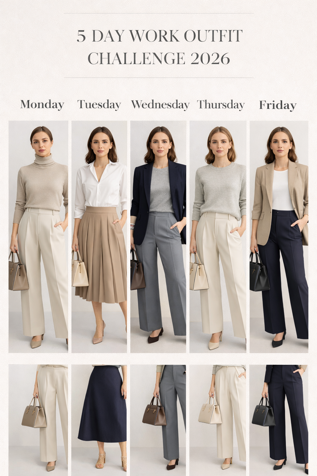 Clean 5-day work outfit challenge grid for 2026 featuring five elegant neutral looks from Monday to Friday, including beige cashmere, navy blazers, white shirts, wide-leg trousers, midi skirts, and structured handbags in a minimalist studio setting