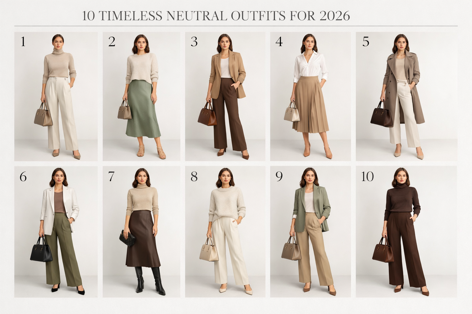 Grid of 10 elegant neutral outfit formulas for 2026 featuring women in beige, cream, sage green, taupe, and navy combinations with turtlenecks, midi skirts, wide-leg trousers, and structured handbags in a clean studio setting